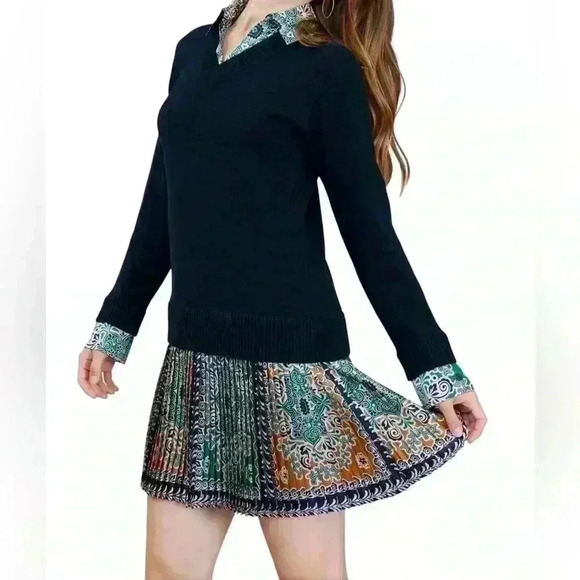 Current air long sleeve v-neck sweater collar dress navy/ multicolor - Picture 3 of 8